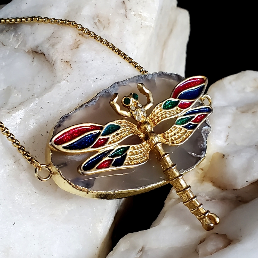 Necklace Agate Pendant Necklace Chain Golden Dragonfly Jewelry